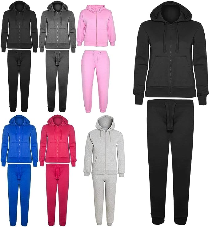 Boys Girls Unisex Plain Zipper Tracksuit Hooded Top with Jogging Bottom Age 7 to 13 Years