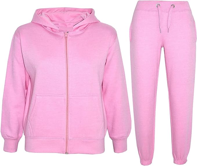 Boys Girls Unisex Plain Zipper Tracksuit Hooded Top with Jogging Bottom Age 7 to 13 Years