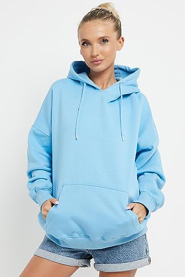 Women Ladies Oversized Pullover Plain Fleece Hooded Sweatshirt Top Jumper UK Size 10-18
