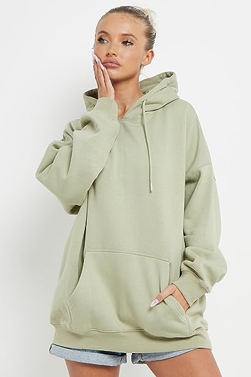 Women Ladies Oversized Pullover Plain Fleece Hooded Sweatshirt Top Jumper UK Size 10-18
