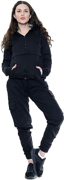 Women Lounge wear Tracksuit Half Zip Hooded Fleece top & Cargo Jogger