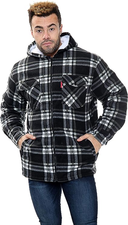Men's Padded Lumberjack Sherpa Fur Lined Hooded Check Jacket Size S to 5XL
