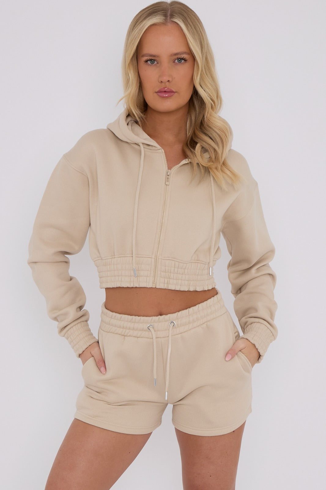 Girls Crop Zip Hooded Outfit Short Set Long sleeve Top 2pcs Short Set