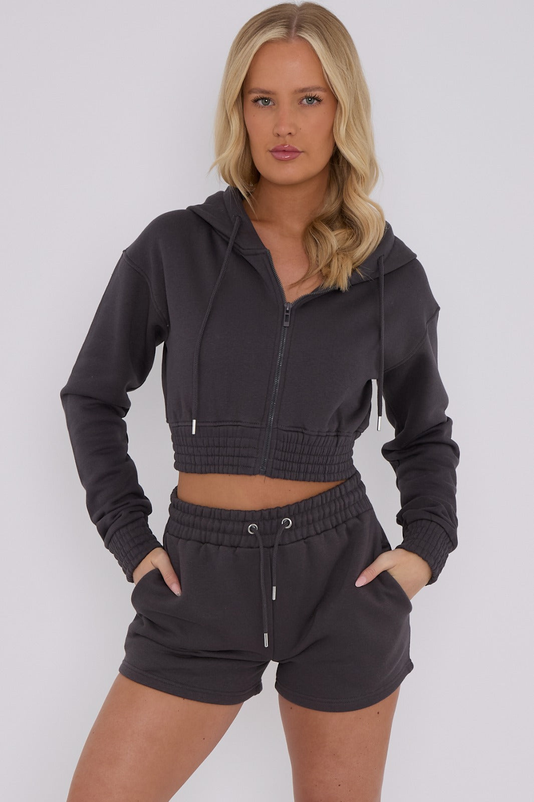 Girls Crop Zip Hooded Outfit Short Set Long sleeve Top 2pcs Short Set
