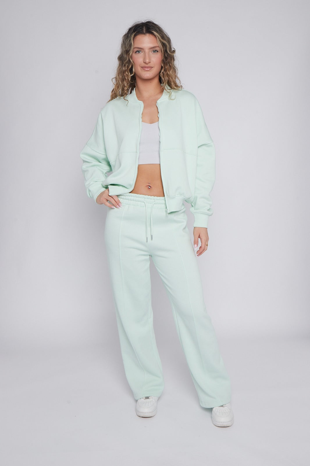 Ladies Lounge Wear Bomber Zip Up Sweatshirt Top & Wide Leg Jogger 2 Pcs Set Tracksuit
