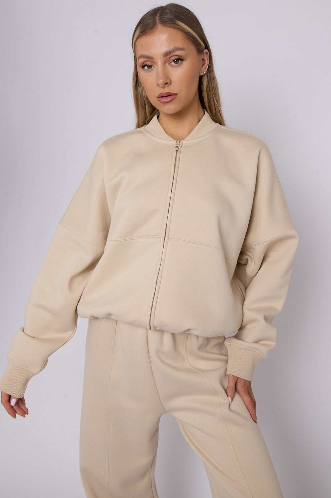 Ladies Lounge Wear Bomber Zip Up Sweatshirt Top & Wide Leg Jogger 2 Pcs Set Tracksuit