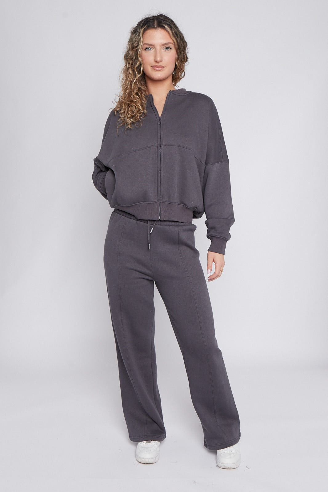 Ladies Lounge Wear Bomber Zip Up Sweatshirt Top & Wide Leg Jogger 2 Pcs Set Tracksuit