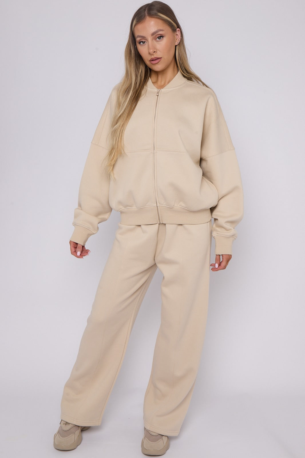 Ladies Lounge Wear Bomber Zip Up Sweatshirt Top & Wide Leg Jogger 2 Pcs Set Tracksuit