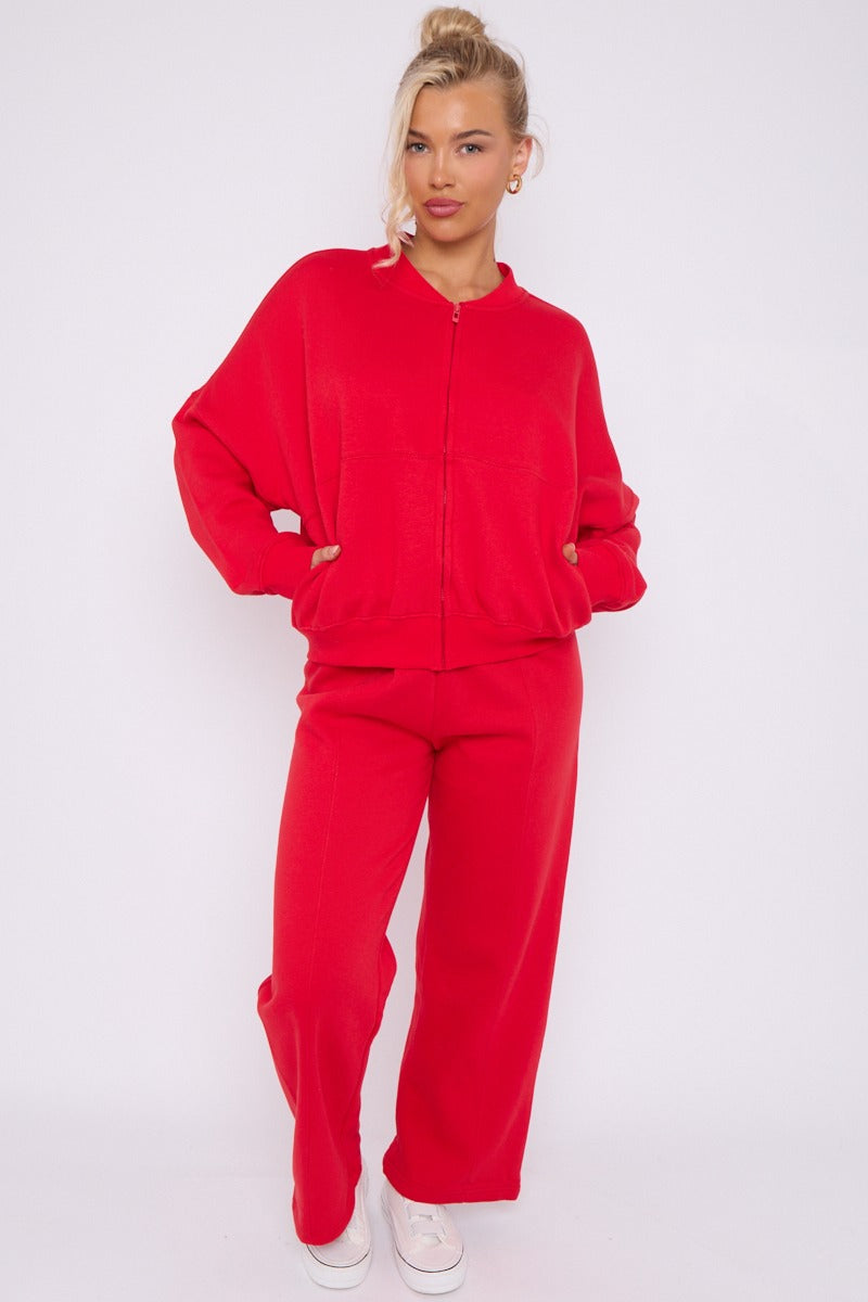 Ladies Lounge Wear Bomber Zip Up Sweatshirt Top & Wide Leg Jogger 2 Pcs Set Tracksuit