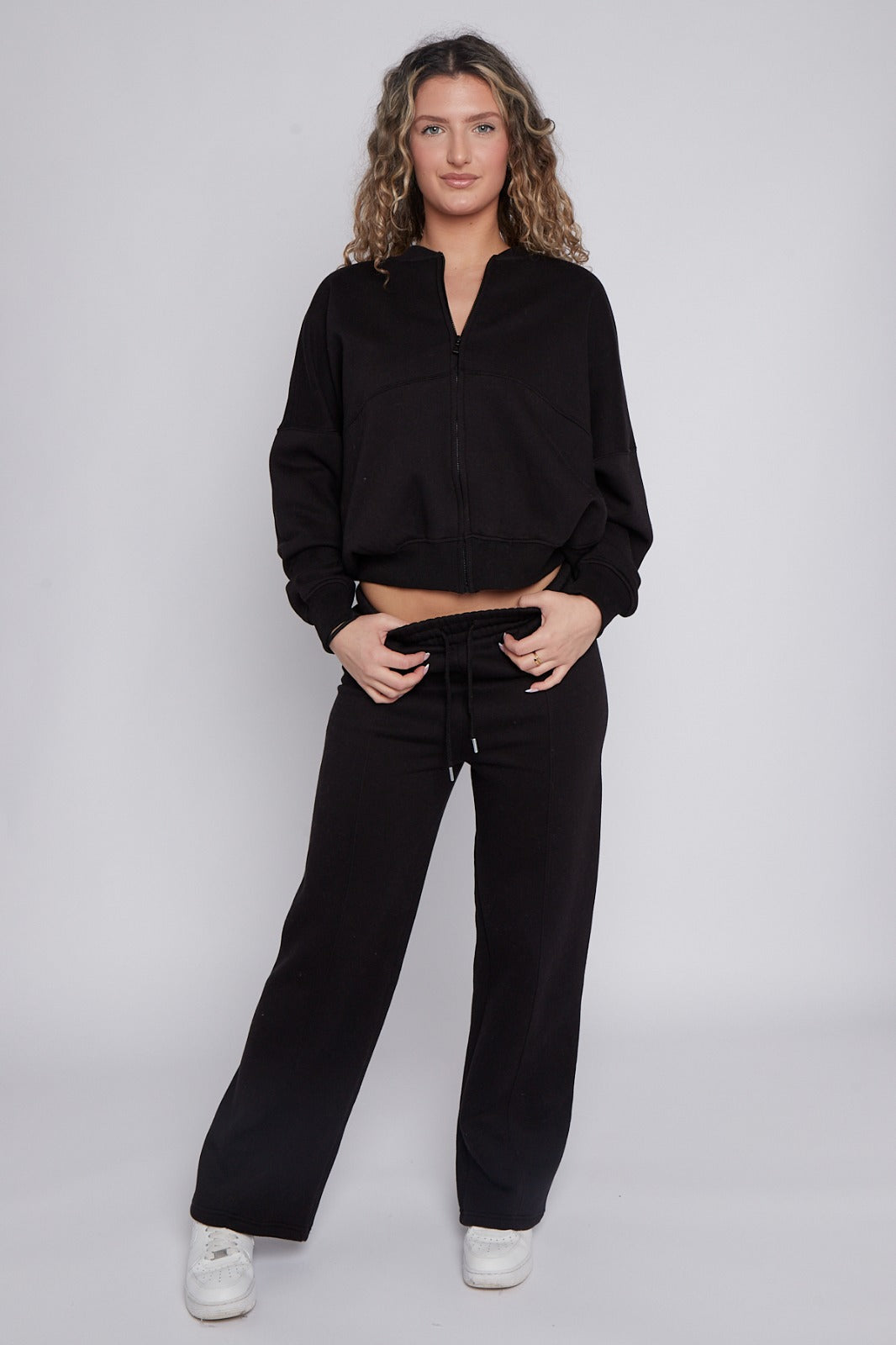 Ladies Lounge Wear Bomber Zip Up Sweatshirt Top & Wide Leg Jogger 2 Pcs Set Tracksuit
