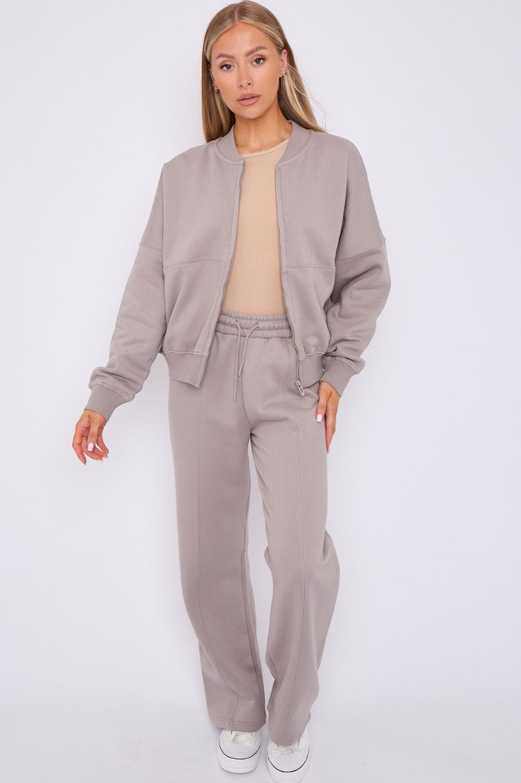 Ladies Lounge Wear Bomber Zip Up Sweatshirt Top & Wide Leg Jogger 2 Pcs Set Tracksuit
