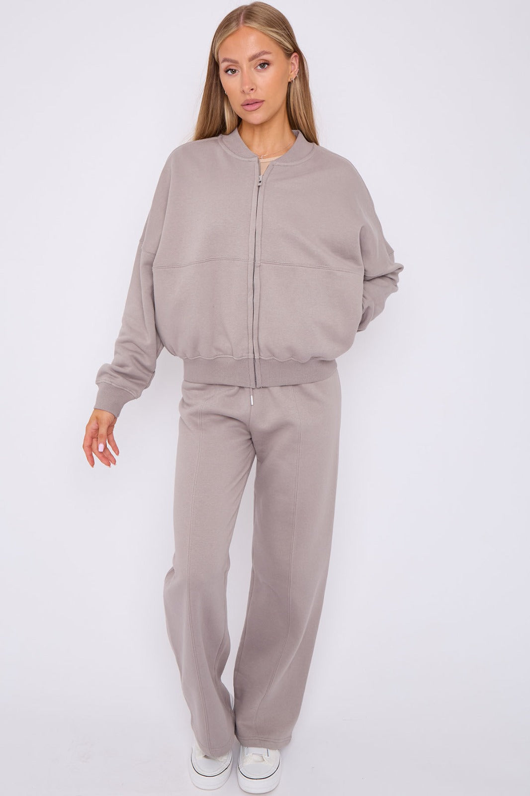 Ladies Lounge Wear Bomber Zip Up Sweatshirt Top & Wide Leg Jogger 2 Pcs Set Tracksuit