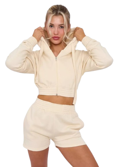 Girls Crop Zip Hooded Outfit Short Set Long sleeve Top 2pcs Short Set