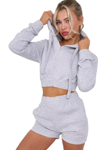 Girls Crop Zip Hooded Outfit Short Set Long sleeve Top 2pcs Short Set