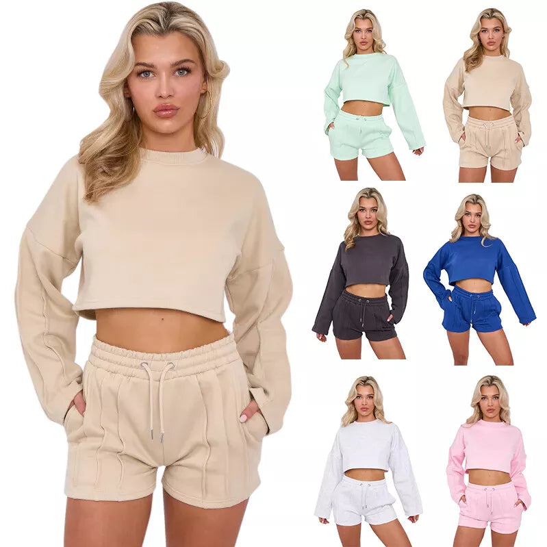 Ladies Pleated Lined Short Set Fleece Loungewear Crop Top & Shorts 2Pcs Co-ord Set