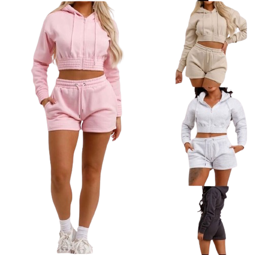 Girls Crop Zip Hooded Outfit Short Set Long sleeve Top 2pcs Short Set
